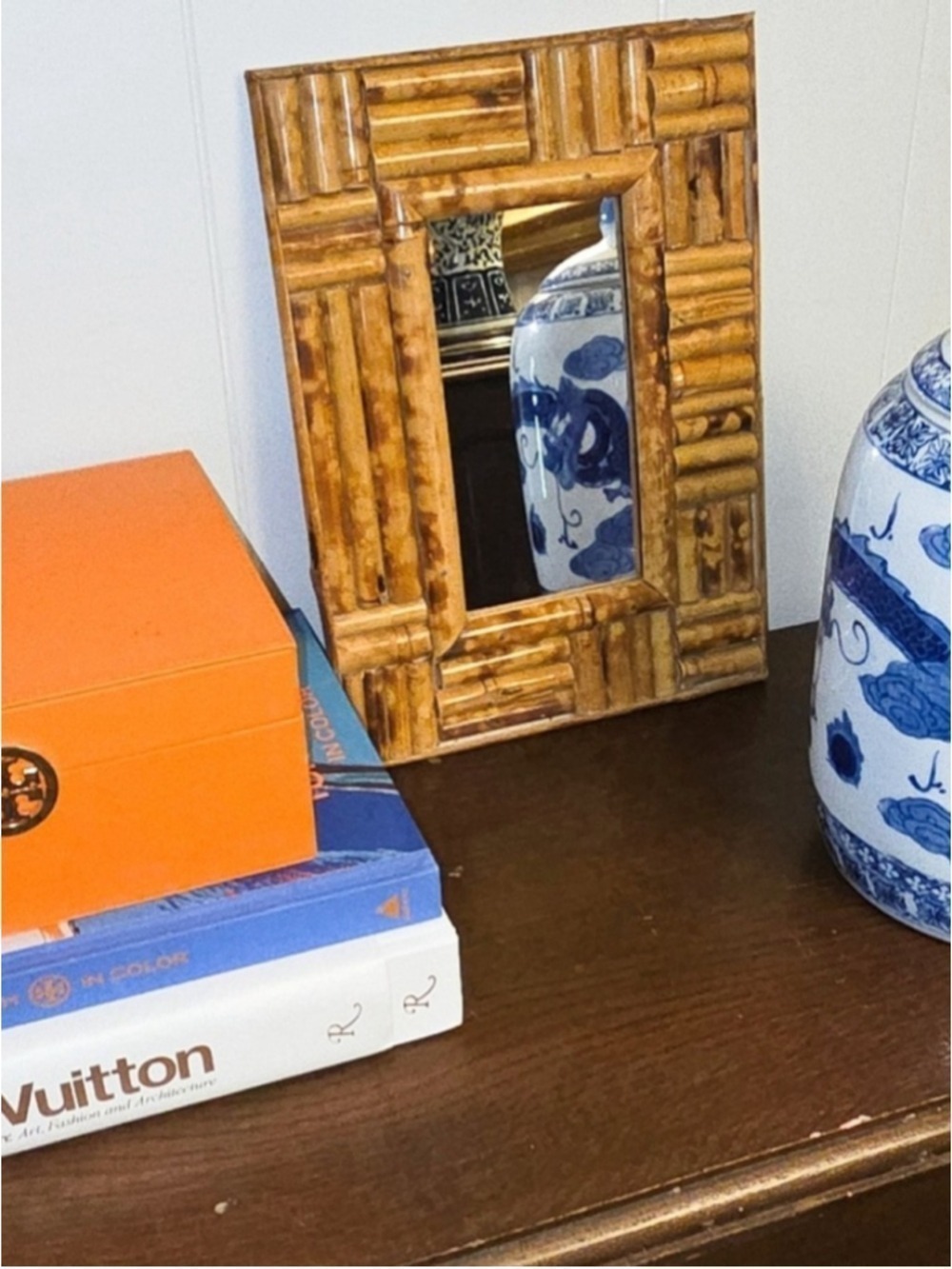 Vintage MCM Split Bamboo Framed Retangular Wall or Table Mirror 10 X 14 Inches